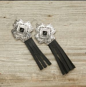 Cross with Faux Black Leather Fringe Earrings